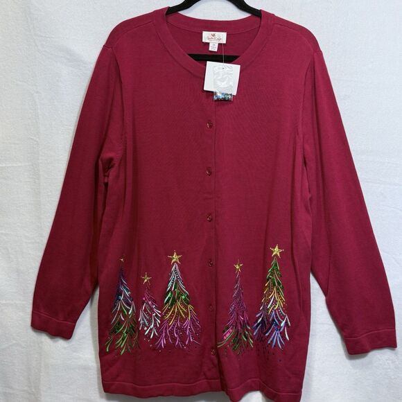 NEW Quacker Factory Embroidered Sequin & Stud Tree Button Front Cardigan Size 2x - Picture 1 of 9